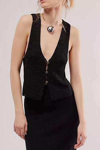 Button Down V-Neck Sweater Vest - Trendsi - Flyclothing LLC