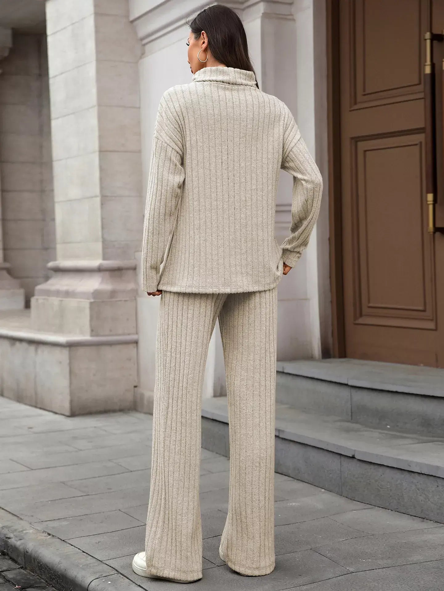 Ribbed Turtleneck Dropped Shoulder Top and Pants Sweater Set - Trendsi - Flyclothing LLC