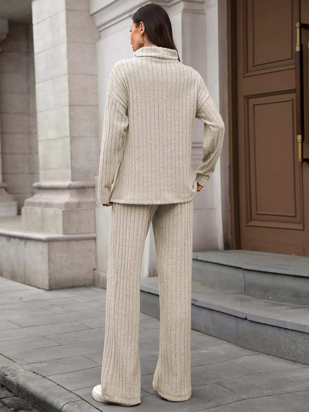 Ribbed Turtleneck Dropped Shoulder Top and Pants Sweater Set - Trendsi - Flyclothing LLC
