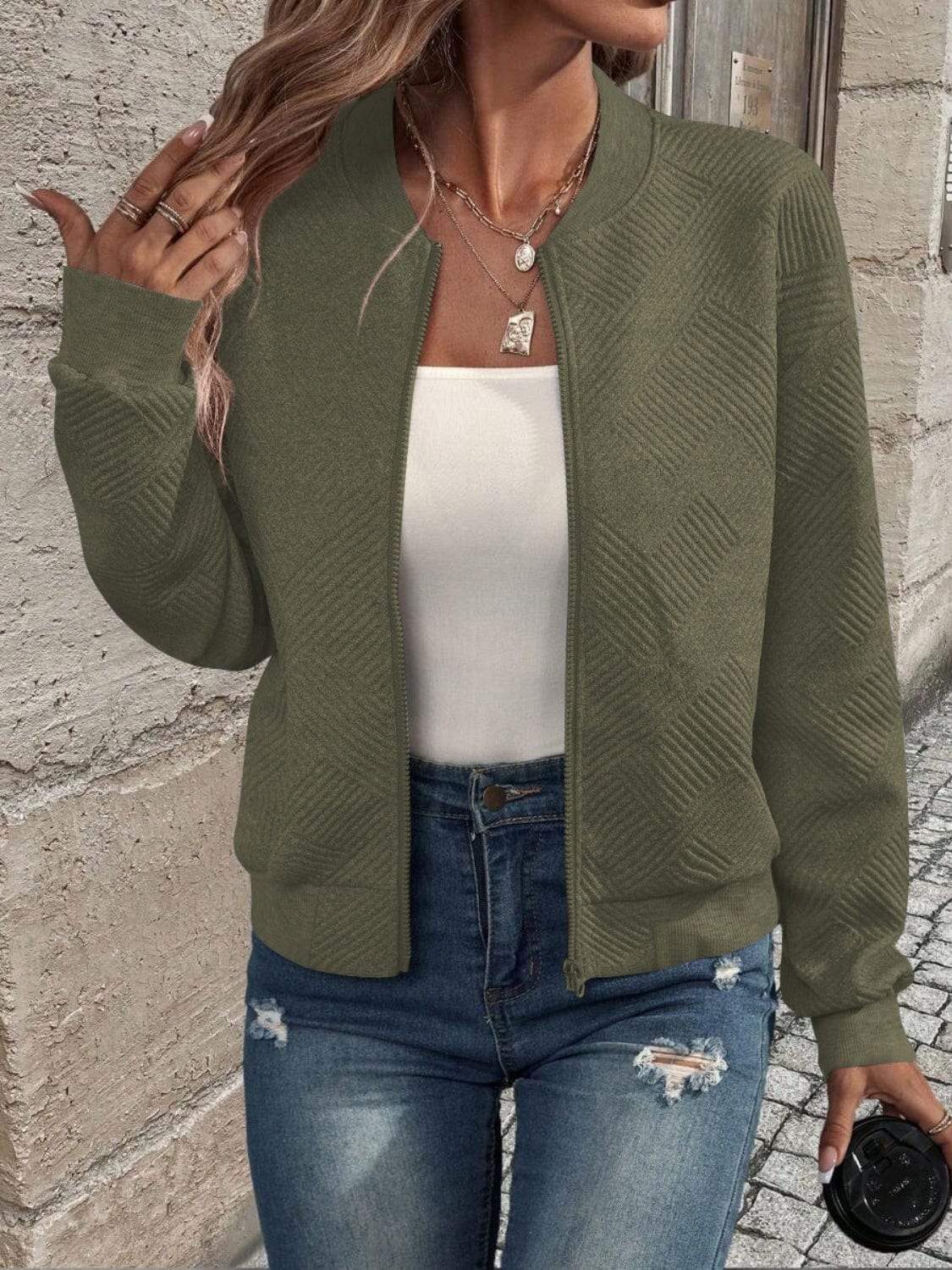 Textured Zip Up Long Sleeve Jacket - Trendsi - Flyclothing LLC