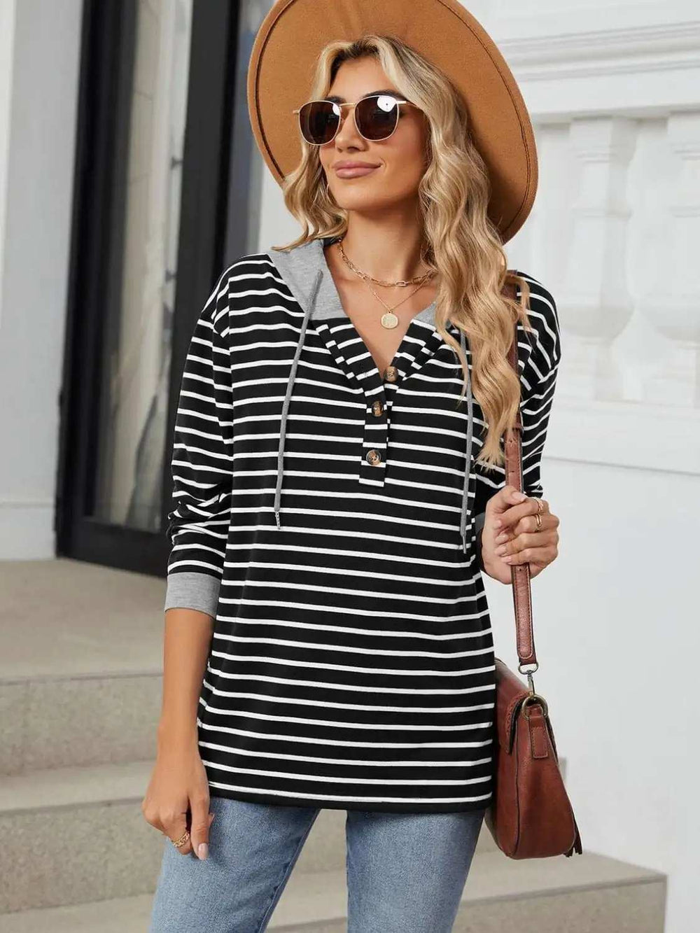 Drawstring Striped Long Sleeve Hoodie - Trendsi - Flyclothing LLC