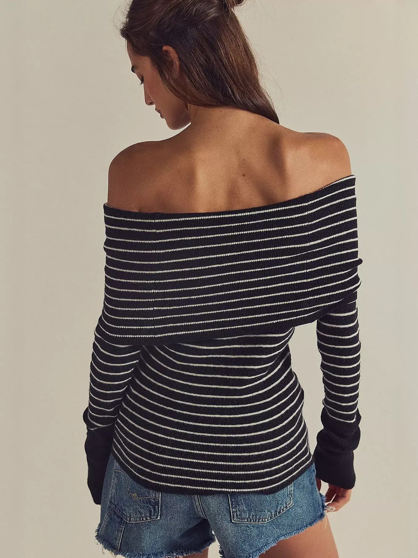 Striped Off-Shoulder Long Sleeve Knit Top - Trendsi - Flyclothing LLC