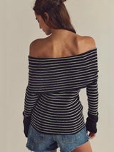 Striped Off-Shoulder Long Sleeve Knit Top - Trendsi - Flyclothing LLC