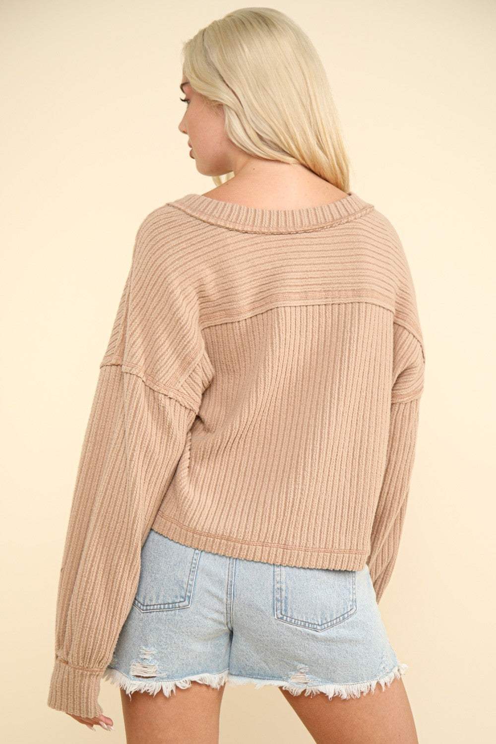 VERY J Exposed Seam V-Neck Ribbed Knit Top - Trendsi - Flyclothing LLC