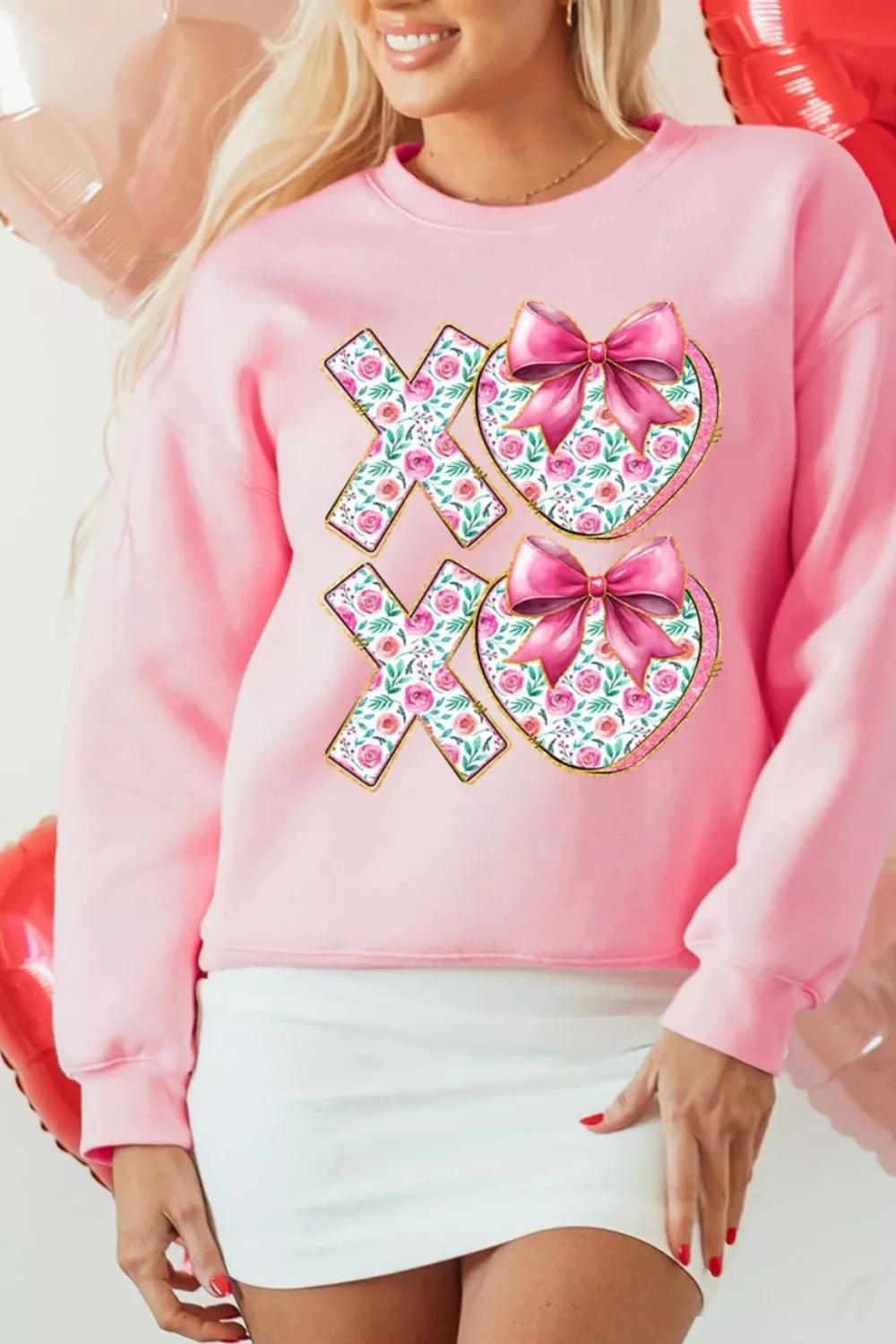 Bow Floral Printed Valentines Day XOXO Sweatshirt - Trendsi - Flyclothing LLC