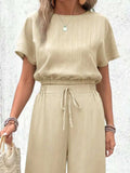 Round Neck Short Sleeve Top and Pants Set - Trendsi - Flyclothing LLC