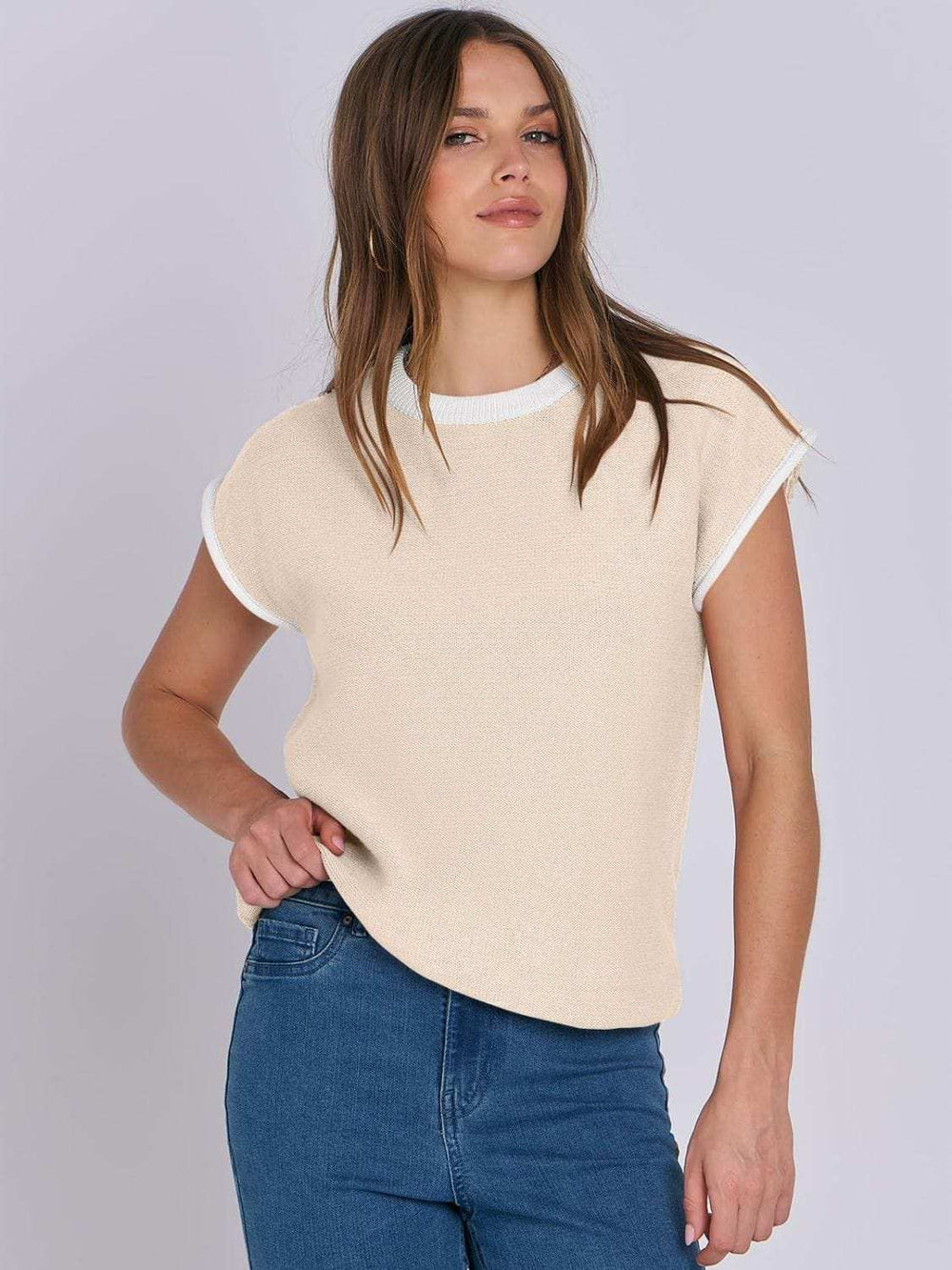 Mandy Contrast Round Neck Cap Sleeve Sweater - Trendsi - Flyclothing LLC