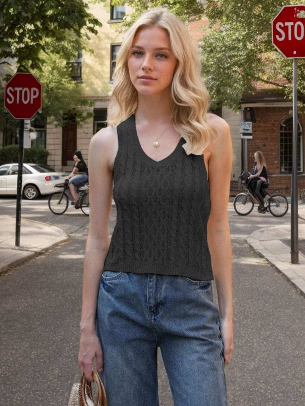 Cable-Knit V-Neck Knit Tank - Trendsi - Flyclothing LLC