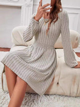 Smocked Round Neck Long Sleeve Knee Length Dress - Trendsi - Flyclothing LLC