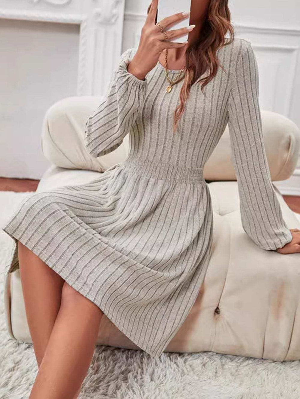 Smocked Round Neck Long Sleeve Knee Length Dress - Trendsi - Flyclothing LLC