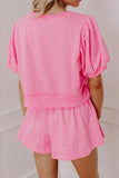 Contrast Bow Trim Pearl Puff Sleeve Blouse and Skort 2pcs Set - Trendsi