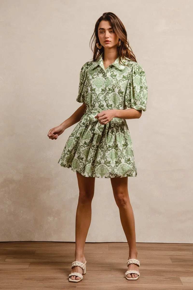BiBi Tied Floral Short Sleeve Mini Shirt Dress - Trendsi - Flyclothing LLC