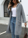 Pocketed Button Up Long Sleeve Hooded Cardigan - Trendsi - Flyclothing LLC