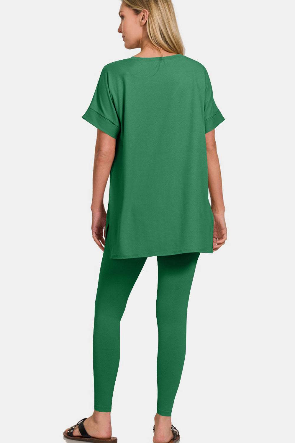 Zenana Full Size V-Neck Rolled Short Sleeve T-Shirt and Leggings Lounge Set - Trendsi - Flyclothing LLC