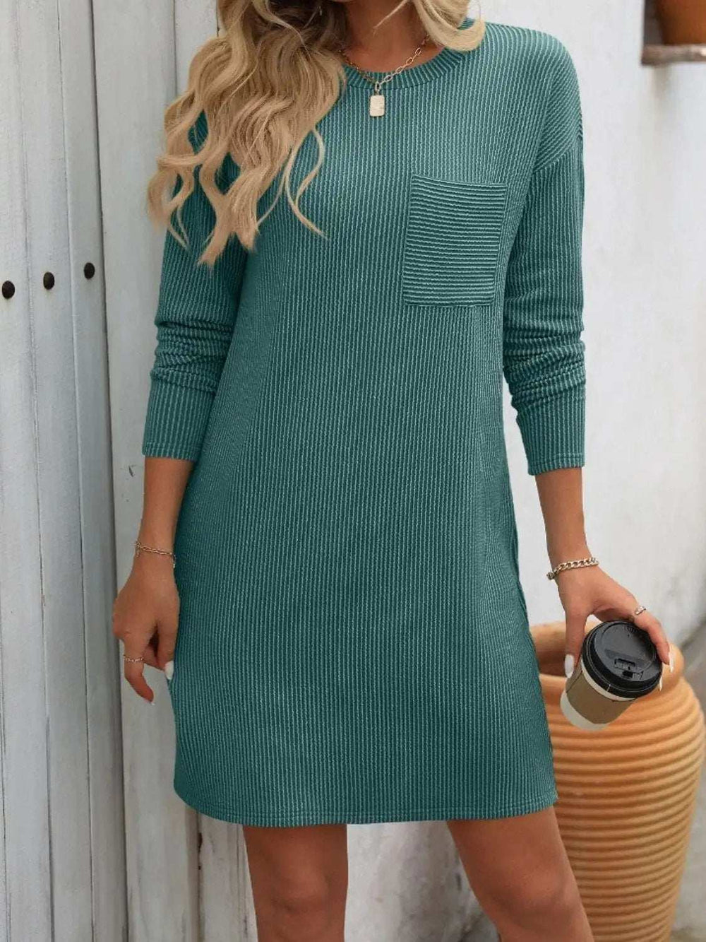 Striped Round Neck Long Sleeve Mini Dress - Trendsi - Flyclothing LLC