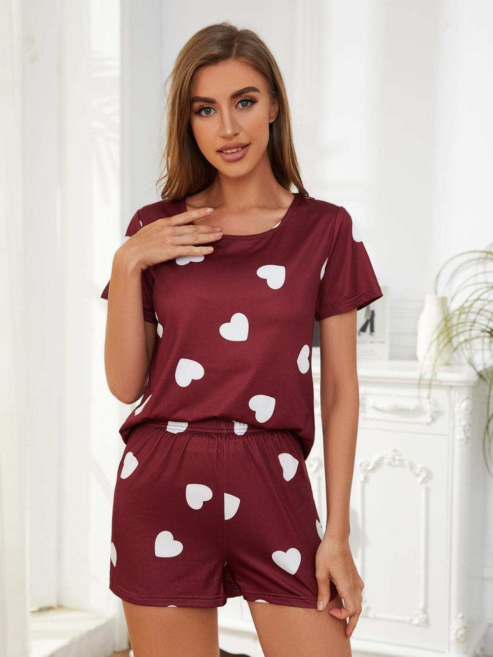 Heart Round Neck Top and Shorts Lounge Set - Trendsi - Flyclothing LLC