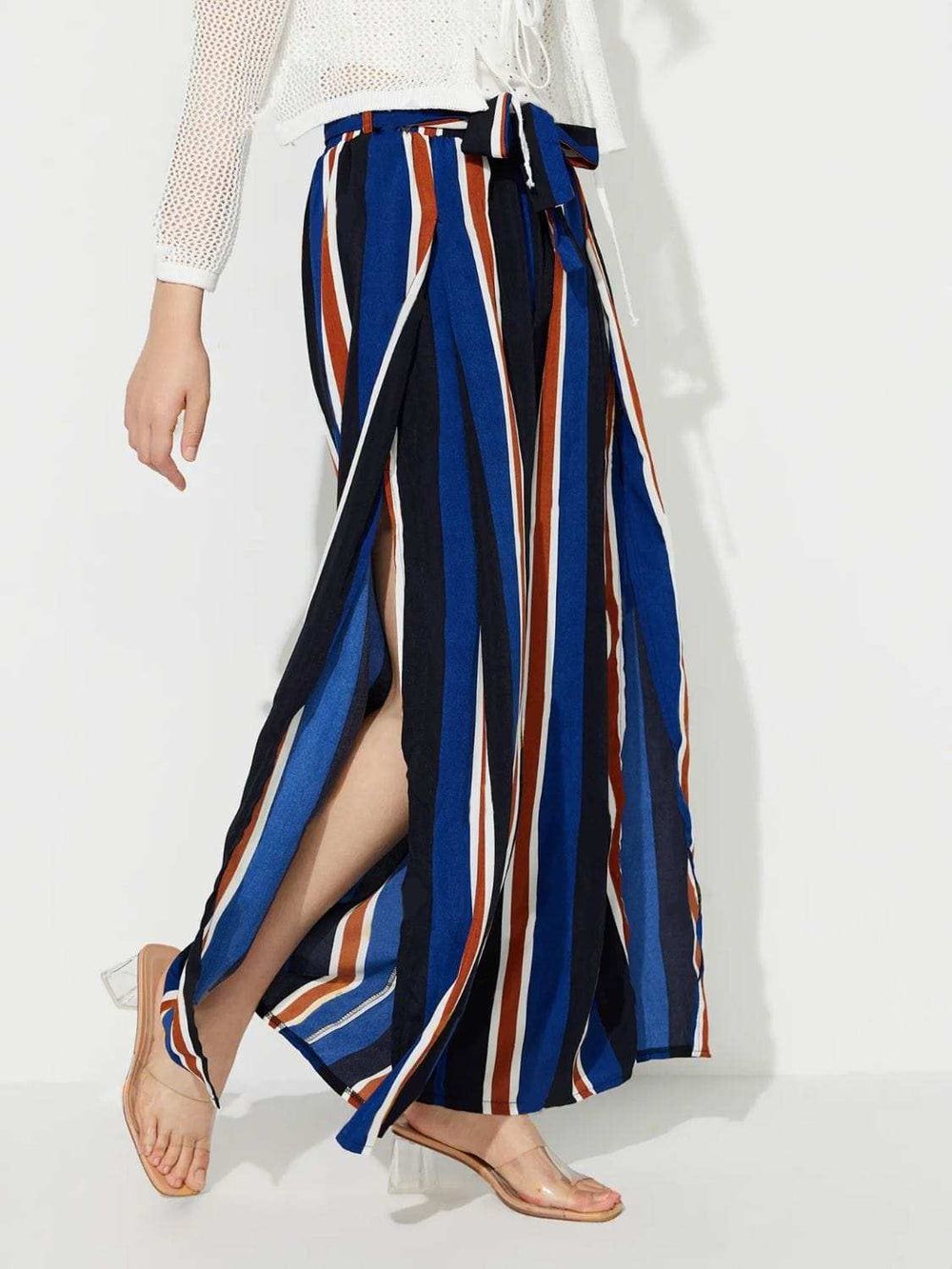 Side Slit Contrast Wide Leg Pants - Trendsi - Flyclothing LLC