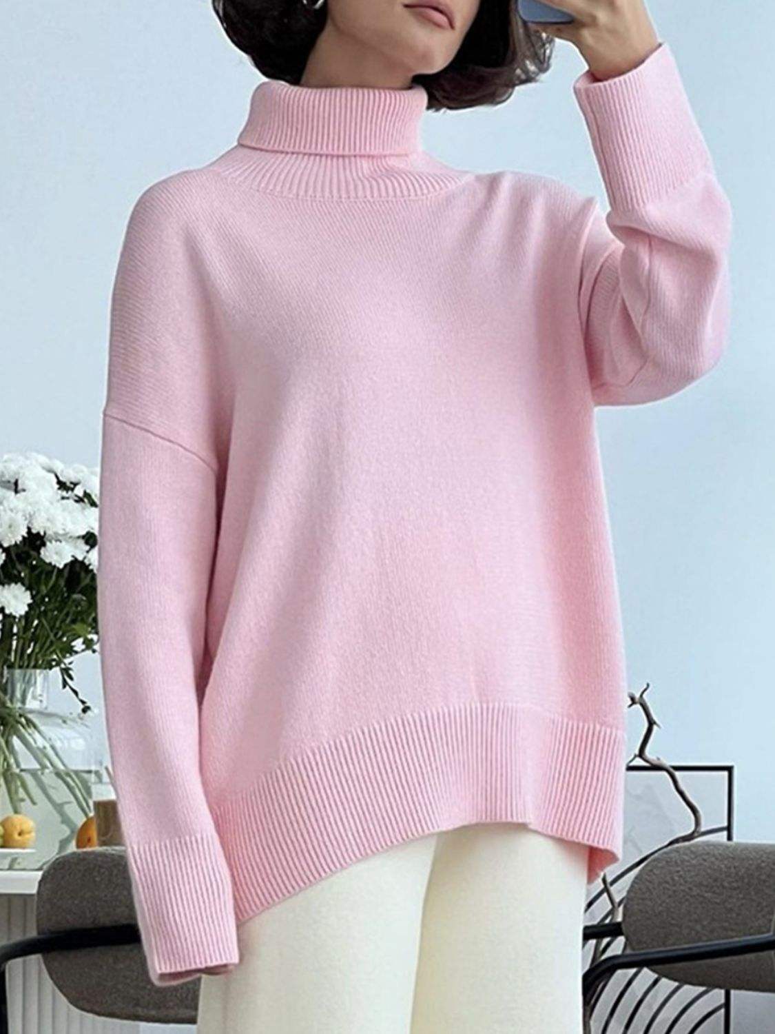 Turtleneck Drop Shoulder Long Sleeve Sweater - Trendsi - Flyclothing LLC