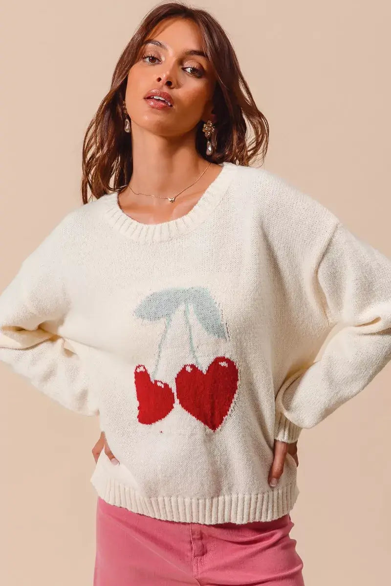 SO ME Heart Cherry Knitted Valentine Sweater Top - Trendsi - Flyclothing LLC
