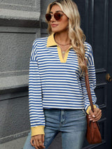 Striped Johnny Collar Long Sleeve Sweatshirt - Trendsi - Flyclothing LLC