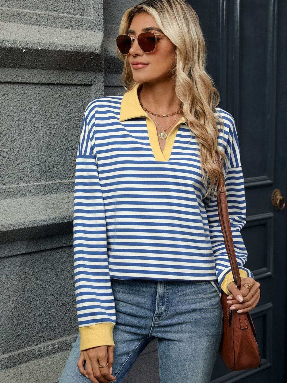 Striped Johnny Collar Long Sleeve Sweatshirt - Trendsi - Flyclothing LLC