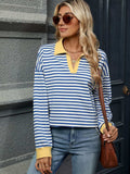 Striped Johnny Collar Long Sleeve Sweatshirt - Trendsi - Flyclothing LLC