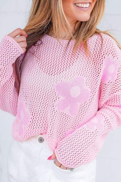 Openwork Round Neck Floral Knit Cover Up - Trendsi - Flyclothing LLC