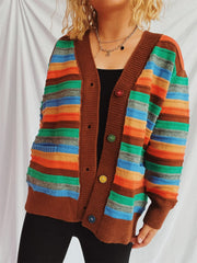 Contrast Stripes Button Up Long Sleeve Cardigan - Trendsi