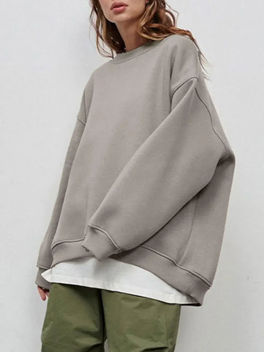 Round Neck Dropped Shoulder Long Sleeve Sweatshirt - Trendsi - Flyclothing LLC