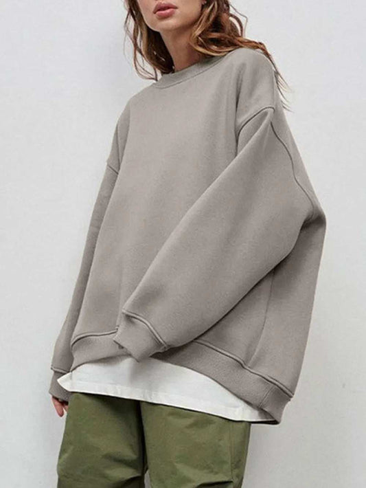 Round Neck Dropped Shoulder Long Sleeve Sweatshirt - Trendsi - Flyclothing LLC