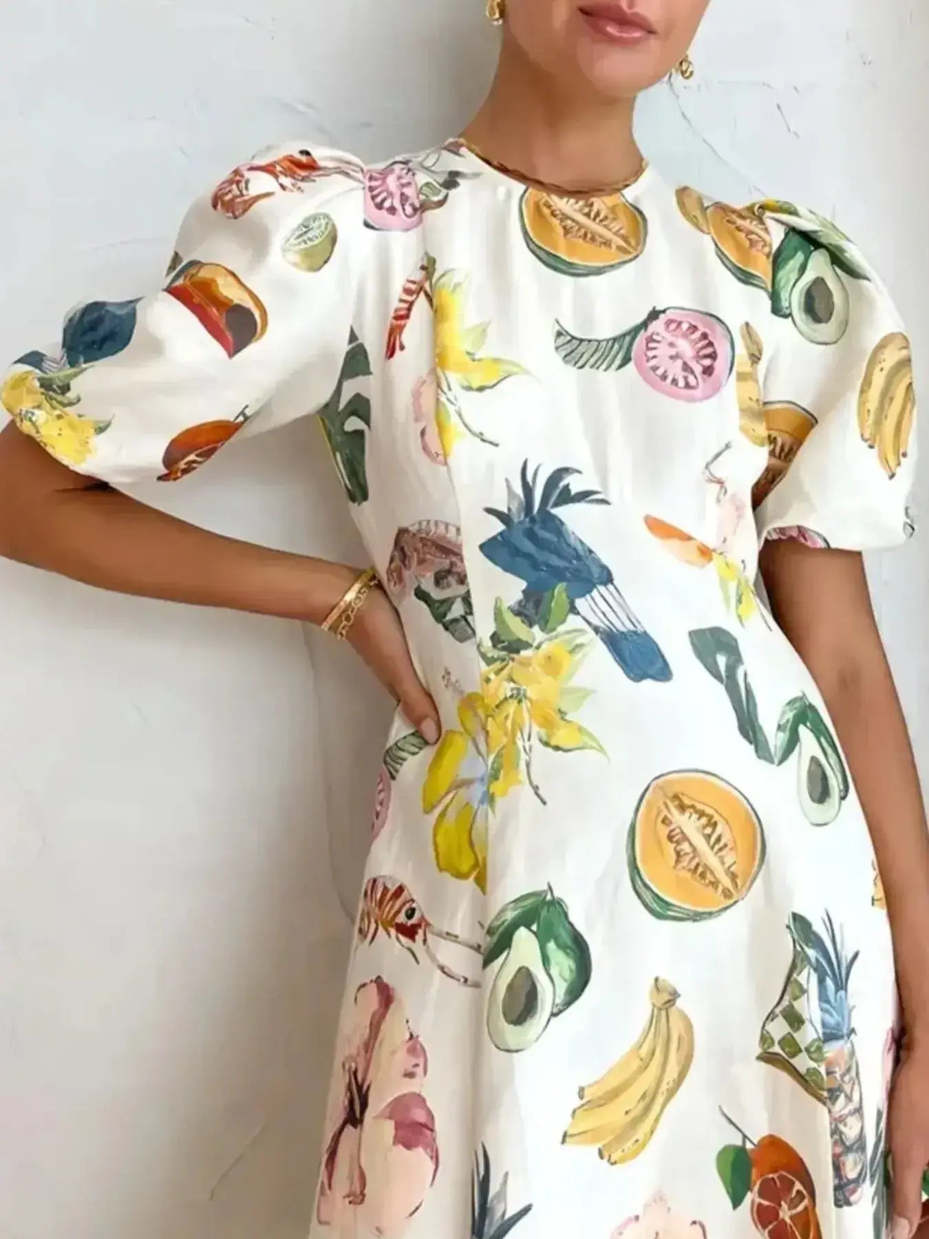 Printed Round Neck Puff Sleeve Dress - Trendsi - Flyclothing LLC