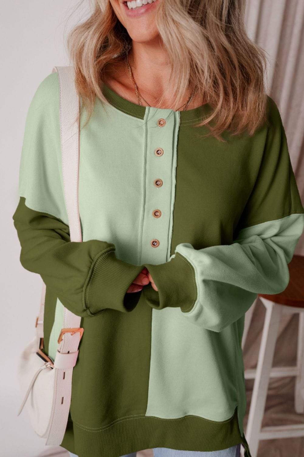 Color Block Half Button Long Sleeve Sweatshirt - Trendsi - Flyclothing LLC