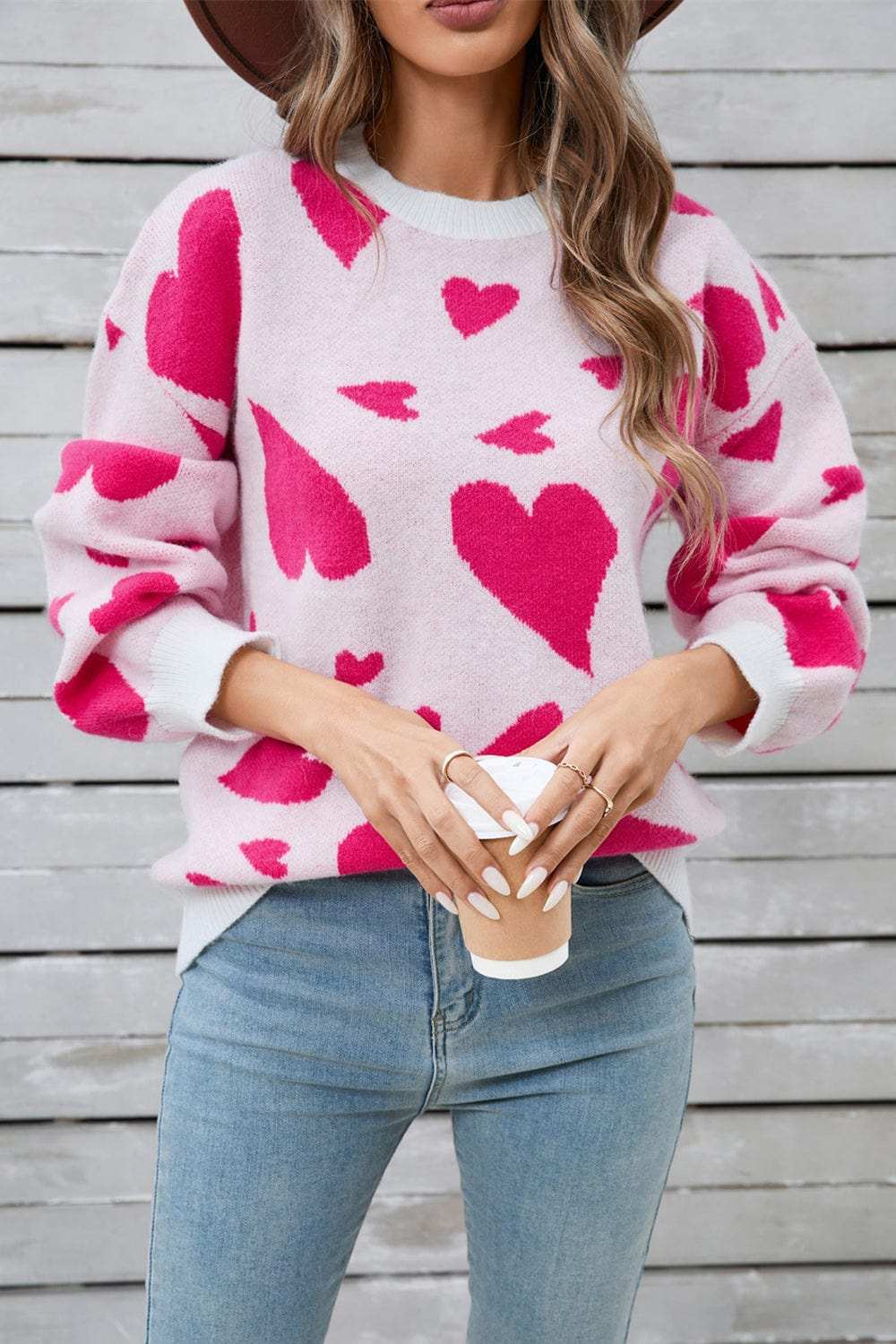 Angel Wings Heart Contrast Round Neck Long Sleeve Sweater - Trendsi - Flyclothing LLC