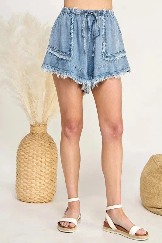 SAGE+FIG Frayed Drawstring Denim Shorts - Trendsi