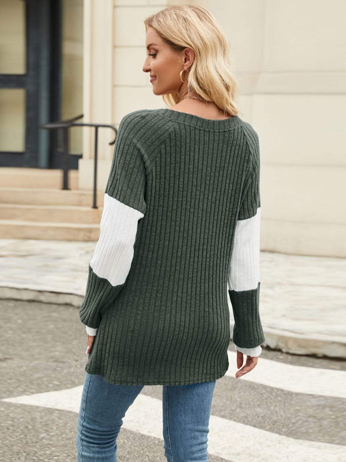 Color Block V-Neck Long Sleeve T-Shirt - Trendsi - Flyclothing LLC