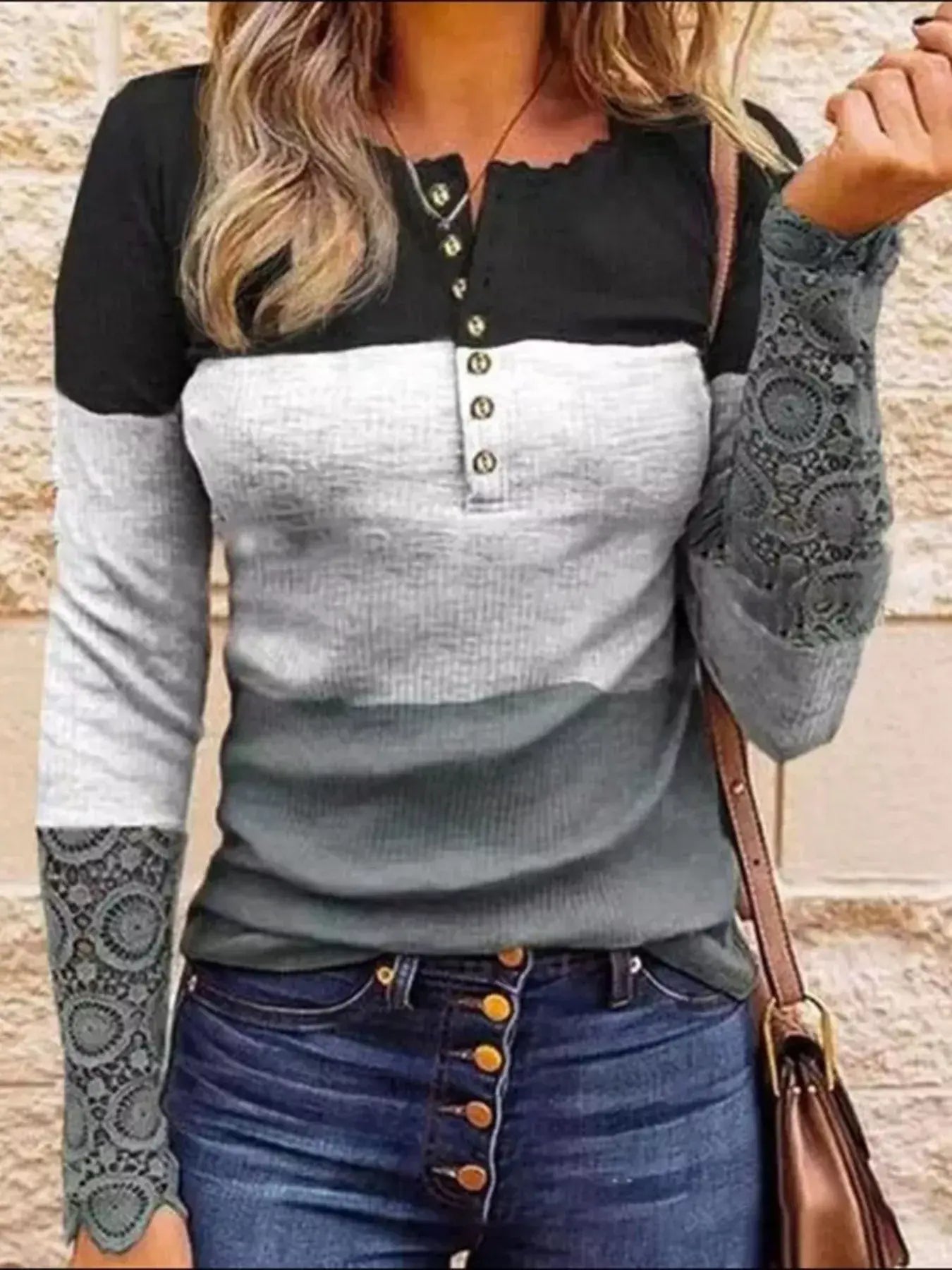 Color Block Lace Detail Half Button T-Shirt - Trendsi - Flyclothing LLC