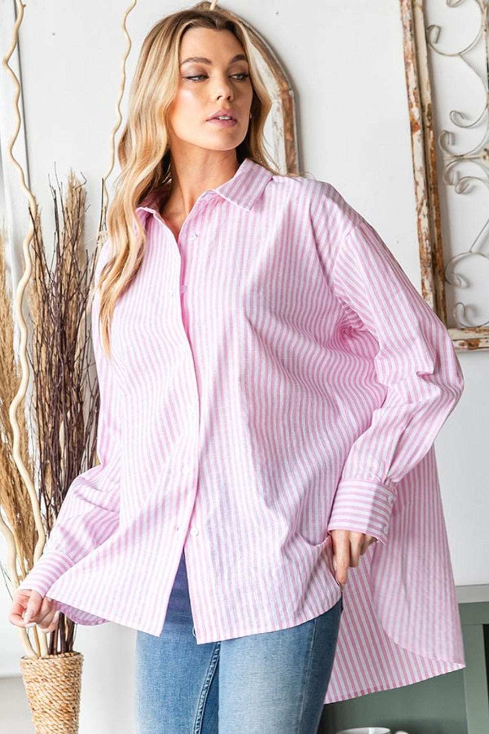First Love Full Size Striped Button Down High-Low Hem Shirt - Trendsi - Flyclothing LLC