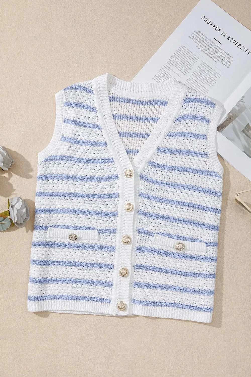 Stripe V Neck Gold Buttons Elegant Sweater Vest - Trendsi - Flyclothing LLC