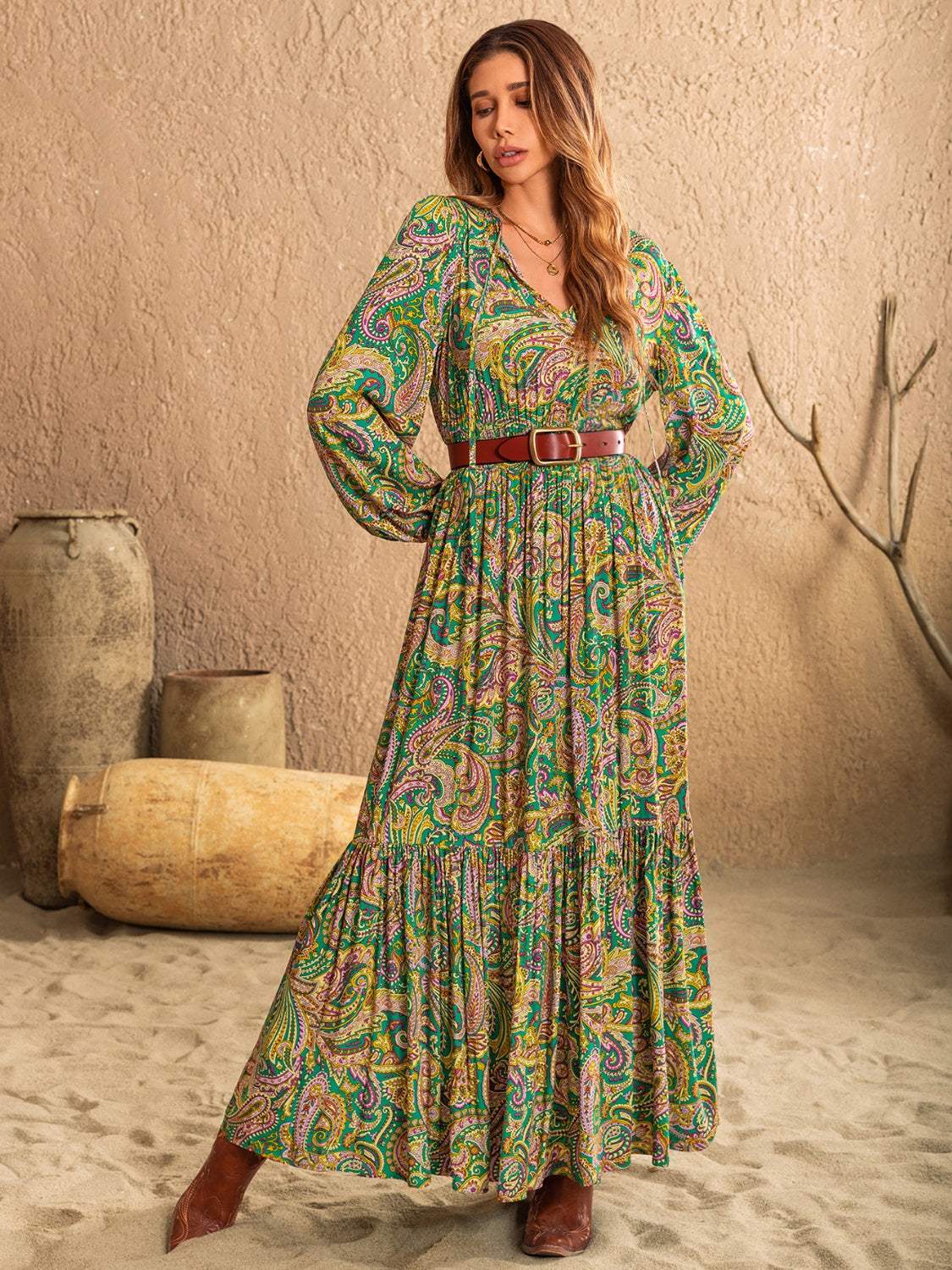 Printed Tie Neck Long Sleeve Dress - Trendsi - Flyclothing LLC