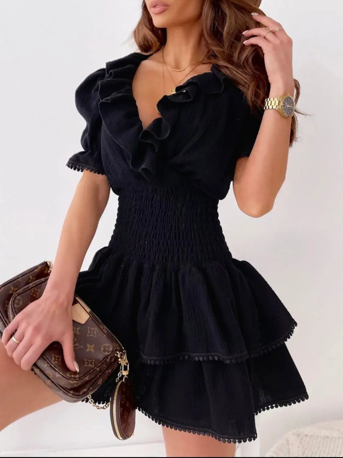 Ruffled Smocked Layered Mini Dress - Trendsi - Flyclothing LLC