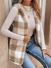 Fuzzy Plaid Hooded Vest Coat - Trendsi