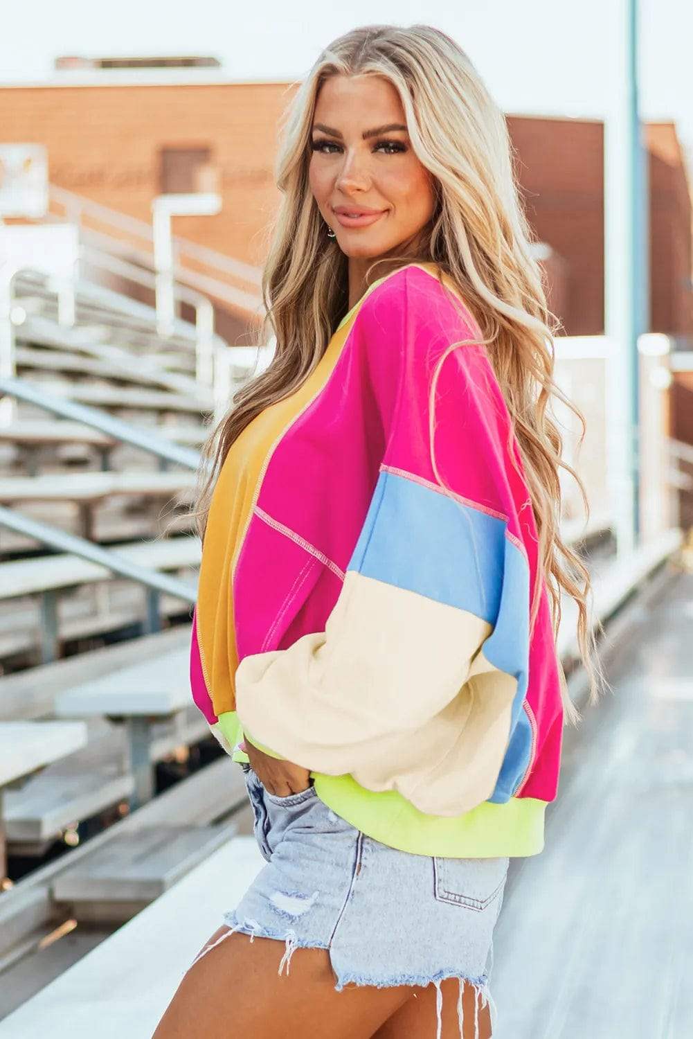 Color Block Round Neck Long Sleeve Top - Trendsi - Flyclothing LLC