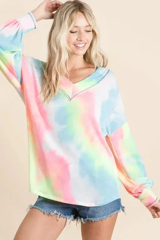 BiBi Tie Dye French Terry V-Neck Top with Puff Sleeves - Trendsi - Flyclothing LLC