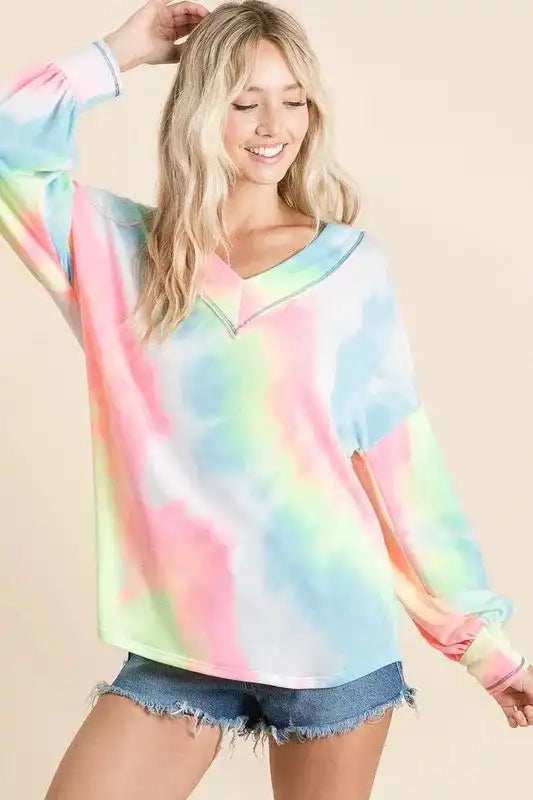 BiBi Tie Dye French Terry V-Neck Top with Puff Sleeves - Trendsi - Flyclothing LLC