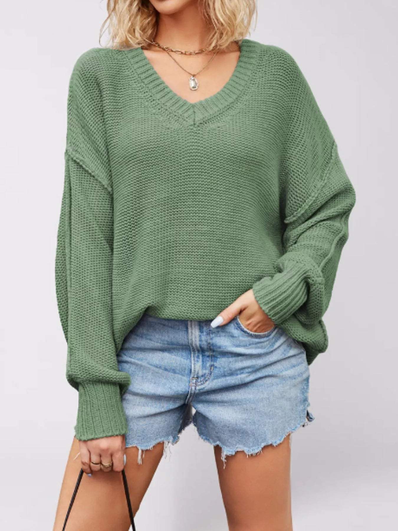 V-Neck Loose Knit Drop Shoulder Sweater - Trendsi - Flyclothing LLC