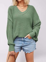 V-Neck Loose Knit Drop Shoulder Sweater - Trendsi - Flyclothing LLC