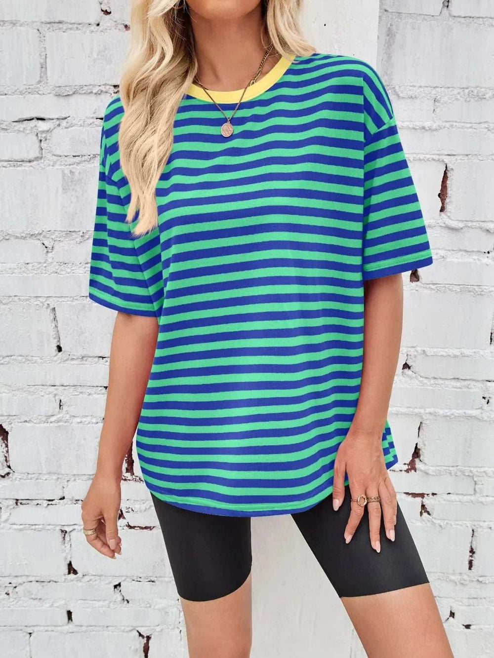 Contrast Striped Round Neck T-Shirt - Trendsi - Flyclothing LLC