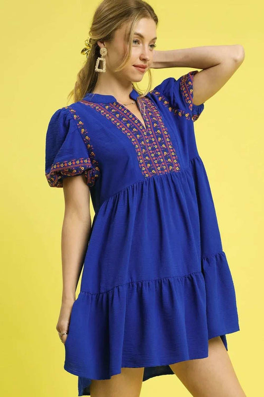 Umgee Floral Trim Puff Sleeve Mini Dress - Trendsi - Flyclothing LLC