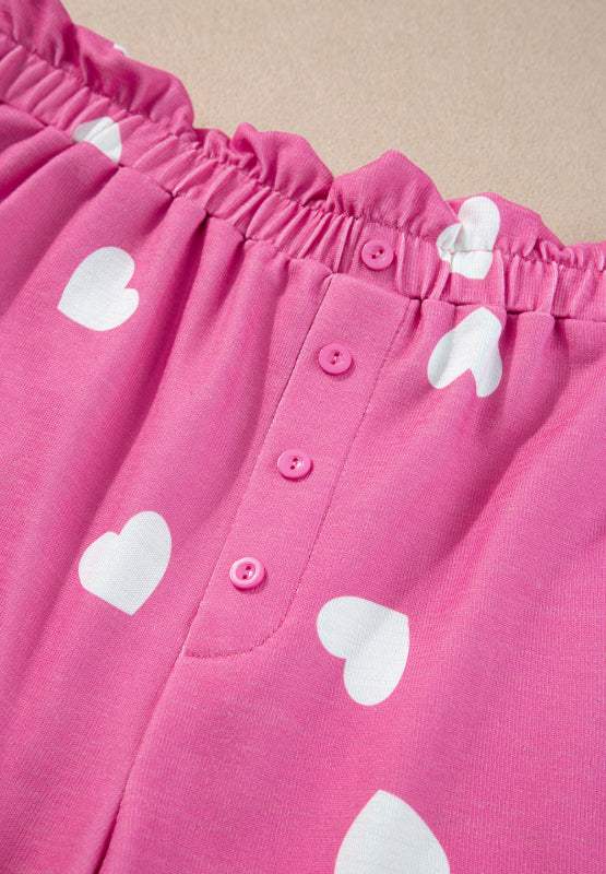 Heart Round Neck Long Sleeve Top and Elastic Waist Shorts Set - Trendsi - Flyclothing LLC