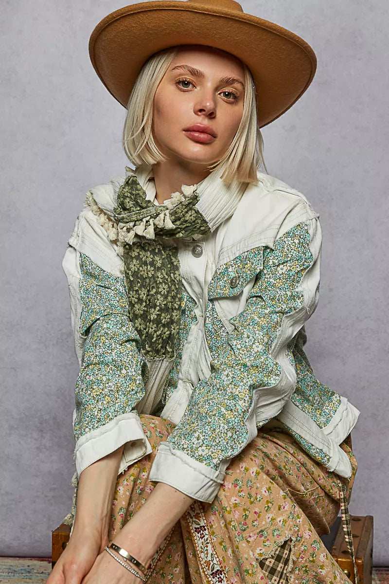 POL Button Down Patchwork Denim Jacket with Floral Print Details - Trendsi - Flyclothing LLC